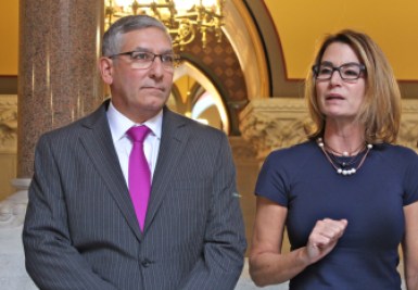 Sen. Republican Leader Len Fasano and House Republican Leader Themis Klarides react to the falling state revenue estimates.