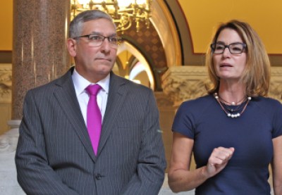 Sen. Republican Leader Len Fasano and House Republican Leader Themis Klarides react to the falling state revenue estimates.