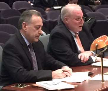 Judge Patrick L. Carroll III, right, chief court administrator, testifies. At left is Tom Siconolfi, executive director of administrative services for the Judicial Branch.