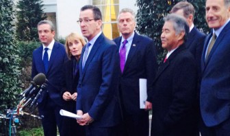 Connecticut Gov. Dannel Malloy and other Democratic governors speaking outside the White House following a meeting with President Obama.