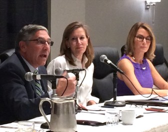 Senate Minority Leader Len Fasano and House Minority Leader Themis Klarides, right, at the Council of Small Towns annual meeting. In the center is moderator Duby McDowell.