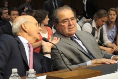 Justice Antonin Scalia, right, and Justice Stephen Breyer testify before the Senate Judiciary Committee in 2011.