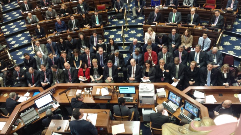 State senators sit in the front of the House chamber as Gov. Dannel P. Malloy gives his State of the State address.