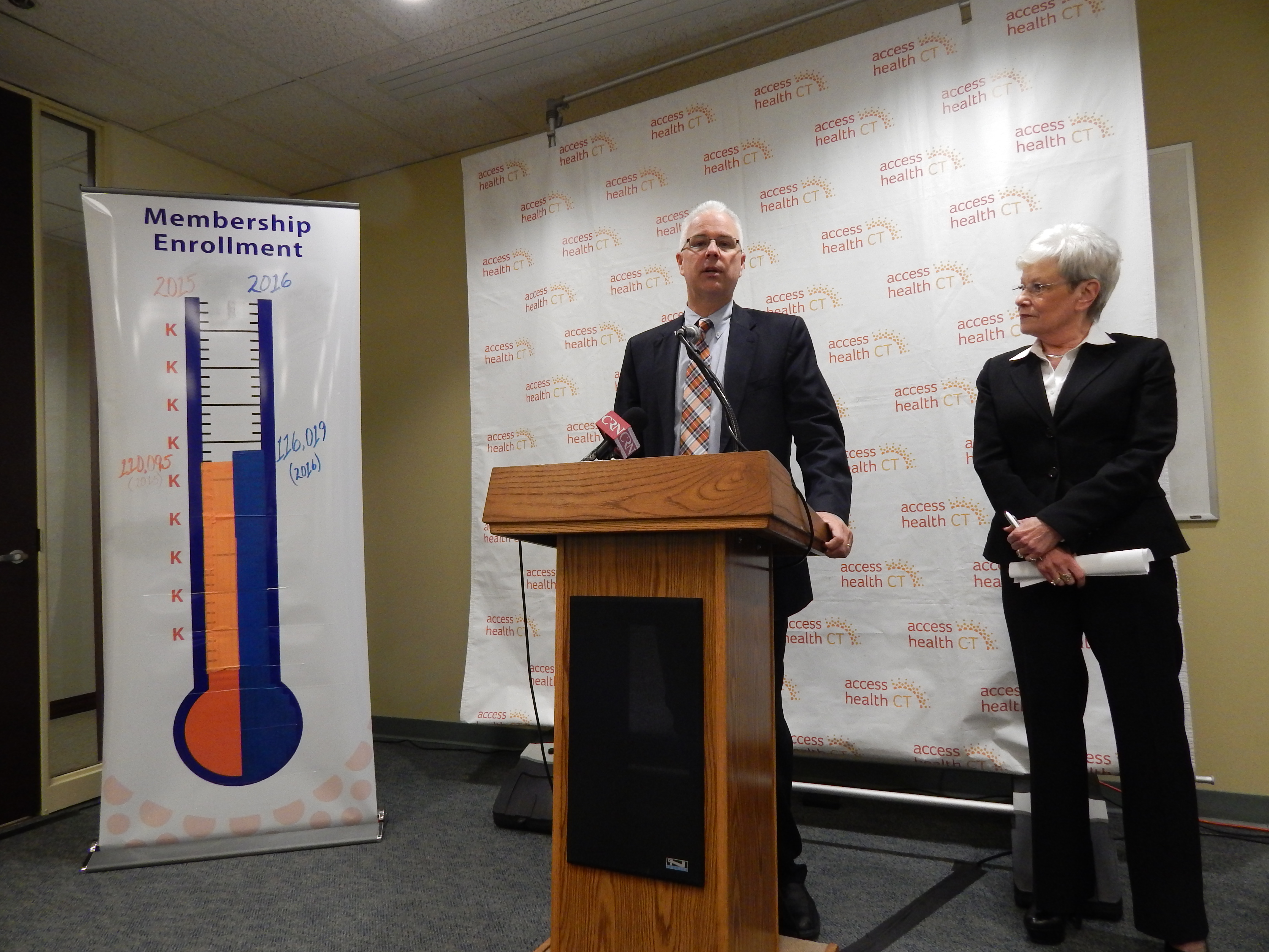 This is a picture of Access Health CEO Jim Wadleigh and Lt. Gov. Nancy Wyman, chairwoman of the exchange's board, at a press conference Monday.
