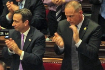 Senate Majority Leader Bob Duff and House Majority Leader Joe Aresimowicz listed to Gov. Malloy's State of the State address.