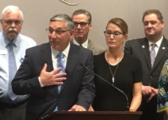 Senate Minority Leader Len Fasano and House Minority Leader Themis Klarides presenting proposed budget cuts.