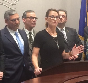 House GOP Leader Themis Klarides proposing budget cuts this week. At left is Senate GOP Leader Len Fasano.