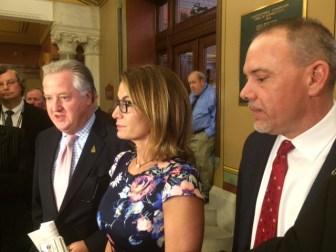 House Speaker Brendan Sharkey, House Minority Leader Themis Klarides and House Majority Leader Joe Aresimowicz talk to reporters shortly before the House convened.