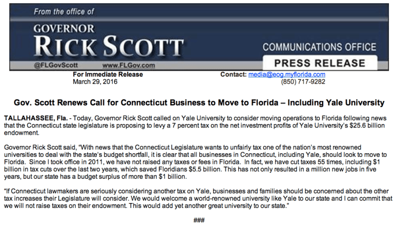 A screen grab of the Florida governor's press release.
