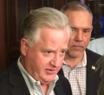House Speaker Brendan Sharkey, foreground, and House Majority Leader Joe Aresimowicz in a recent meeting with the press. 