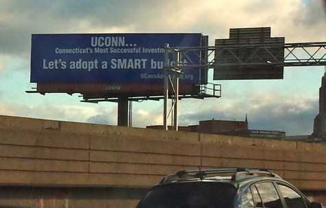 A billboard greeting drivers on I-84 in Hartford right before the exit for the state Capitol.