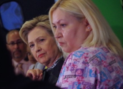 Hillary Clinton and Maribel Rodriguez, 47, a certified nursing assistant, Saturday in New Haven.