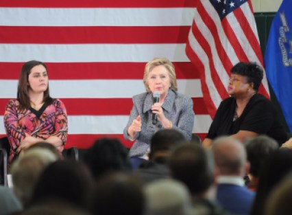 From left to right: Erica Smegielski, Hillary Clinton and Kim Washington at a Clinton campaign gun forum in Hartford Thursday