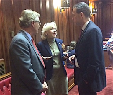 Sen. Paul Formica, Rep. Lonnie Reed and Sen. Paul Doyle confer after their nuclear energy bill passed the Senate.