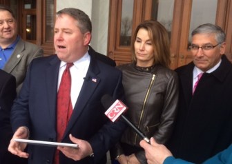 Dan Carter announces his candidacy. At right is Rep. Themis Klarides and Sen. Len Fasano.