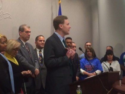 Rep. Matt Ritter, D-Hartford, speaks at a press conference with union leaders, council members and legislators.