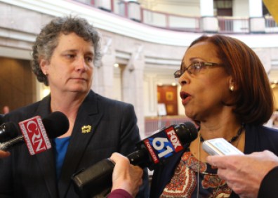 Sen. Beth Bye of West Hartford and Toni Walker of New Haven, co-chairs of the legislature's Appropriations Committee, discuss the committee's budget proposal with reporters.