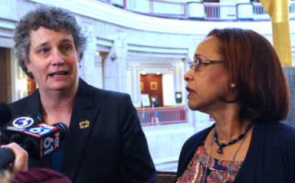 Sen. Beth Bye of West Hartford, left, and Rep. Toni Walker of New Haven, co-chairs of the legislature's Appropriations Committee, discuss the committee's budget proposal with reporters.