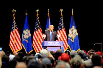 Republican presidential candidate Donald Trump speaks at rally at Crosby High School in Waterbury on Saturday.