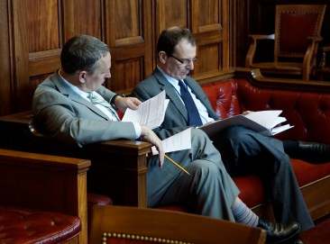 Gian-Carl Casa, right, the governor's budget spokesman and Ben Barnes, the governor's budget chief.