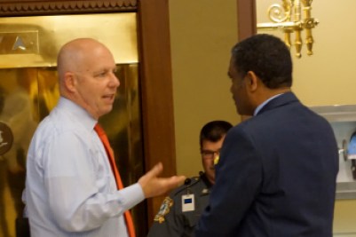 Michael P. Lawlor, the criminal justice advisor to the governor, lobbying outside the House.