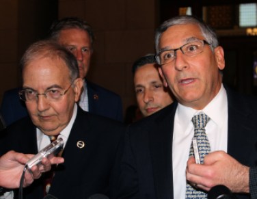 Senate President Pro Tem Martin M. Looney, left, and Republican Leader Len Fasano are at odds over a budget vote Thursday. The photo is from last week.
