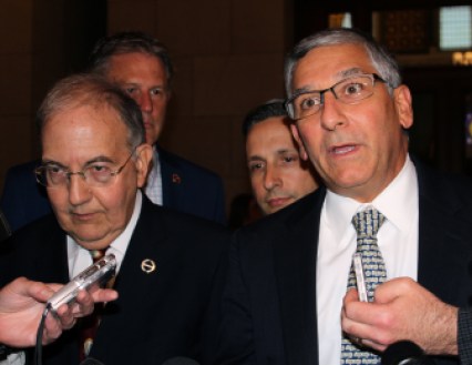 Senate President Pro Tem Martin Looney and Republican Leader Len Fasano tell reporters the budget vote would not take place before the close of the session.