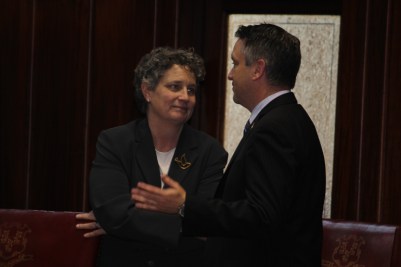 Senators Beth Bye and Rob Kane, the majority and minority leader of the legislature's Appropriations Committee