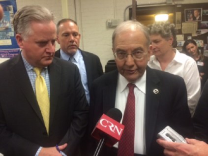 Outlining the budget deal are, left to right, House Speaker J. Brendan Sharkey, Mouse Majority Leader Joe Aresimowicz, Senate President Pro Tem Martin Looney and Appropriations Committee Co-Chair Beth Bye.