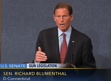 Sen. Richard Blumenthal urges the Senate to support expanding background checks Monday.