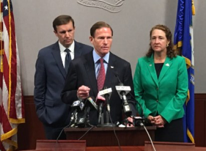 U.S. Sen. Richard Blumenthal, center, addressed reporters during a press conference with U.S. Sen. Chris Murphy and U.S. Rep. Elizabeth Esty Monday.