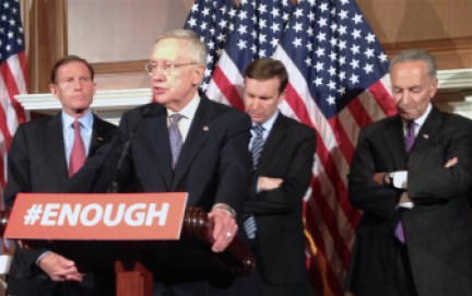 At a press conference after the defeat of proposed gun legislation are, left to right, Sen. Richard Blumenthal, Senate Democratic leader Harry Reid of Nevada, Sen. Chris Murphy and New York's Sen. Chuck Schumer.