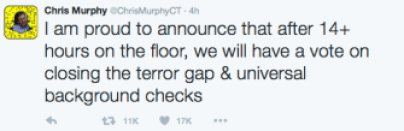 Sen. Murphy's tweet saying there will be a vote on two gun safety measures