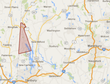 Sherman is on the New York line, at the north end of Candlewood Lake.