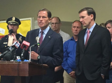U.S. Sen. Richard Blumenthal, left, and U.S. Sen. Chris Murphy, right, hold a press conference in Hartford's North End Friday.