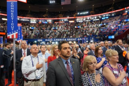 From left in front row, Connecticut delegates J.R. Romano, Patricia Longo and Mary Ann R. Turner.