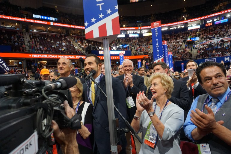 Linda McMahon applauds J.R. Romano casting Connecticut's 28 votes for Trump. 