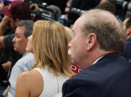 Anthony D'Amelio, Themis Klarides and Michale McLachlan listening to Trump.