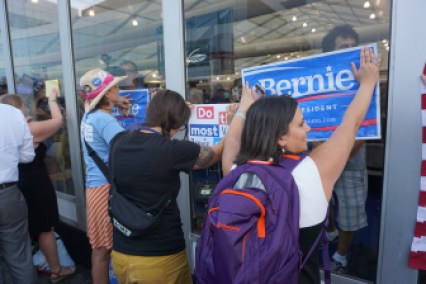 Kate Larson, a Sanders delegate from Iowa, protesting the media,