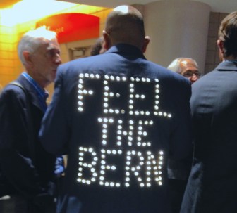 A Sanders supporter proclaims his allegiance.