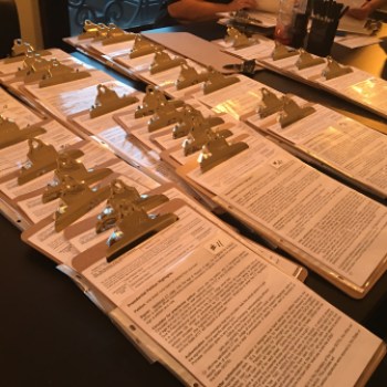 Clipboards with ballot petitioning materials at Jill Stein's Stamford rally.