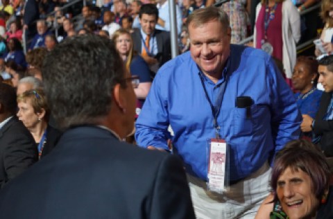 Gov. Dannel P. Malloy greets Marty Dunleavy in the convention hall.