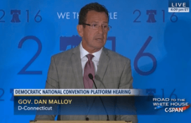 Gov. Dannel P. Malloy makes opening remarks on the recent shooting deaths at the Democratic Party Platform Committee hearing in Orlando, Fla., Friday.