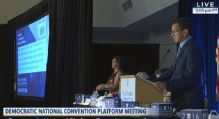 Gov. Dannel P. Malloy presides over a vote during the Democratic Party Platform Committee meeting Saturday.