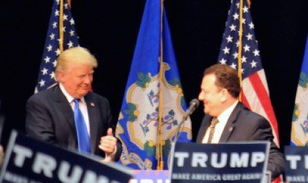 Donald Trump invites Rep. Tony D'Amelio, R-Waterbury, onto the stage during an April rally at Crosby High School in Waterbury. D'Amelio will be a delegate to the GOP convention.
