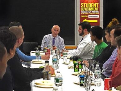 CSCU President Mark Ojakian, meets with students at Tunxis Community College earlier this year.