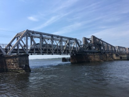An Amtrak Acela train crosses over the Connecticut River into Old Lyme.