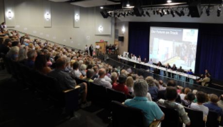 More than 500 people turned out at Lyme-Old Lyme High School Wednesday afternoon for a meeting on a proposed rail bypass that would run through Old Lyme's historic district.