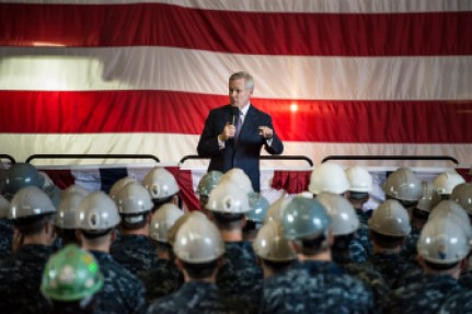 Secretary of the Navy Ray Mabus meets with sailors and shipyard employees at General Dynamics Electric Boat in Groton after a pre-commissioning tour of the Virginia-class attack submarine Illinois in 2014. 