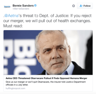 Seen. Bernie Sanders tweet, which pictures Aetna CEO Mark Bertolini.